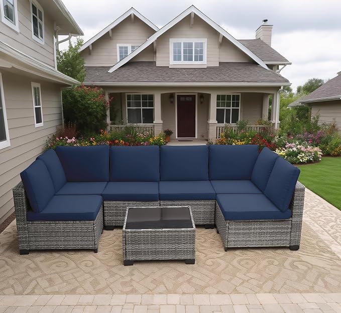 MOCHITO 7 Pcs Outdoor Patio Furniture Sets Grey Rattan Blue Cushions | All-Weather Sectional Sofa, with Glass Table, PE Rattan Wicker Patio Furniture , Washable Cushions, for Balcony Porch Garden