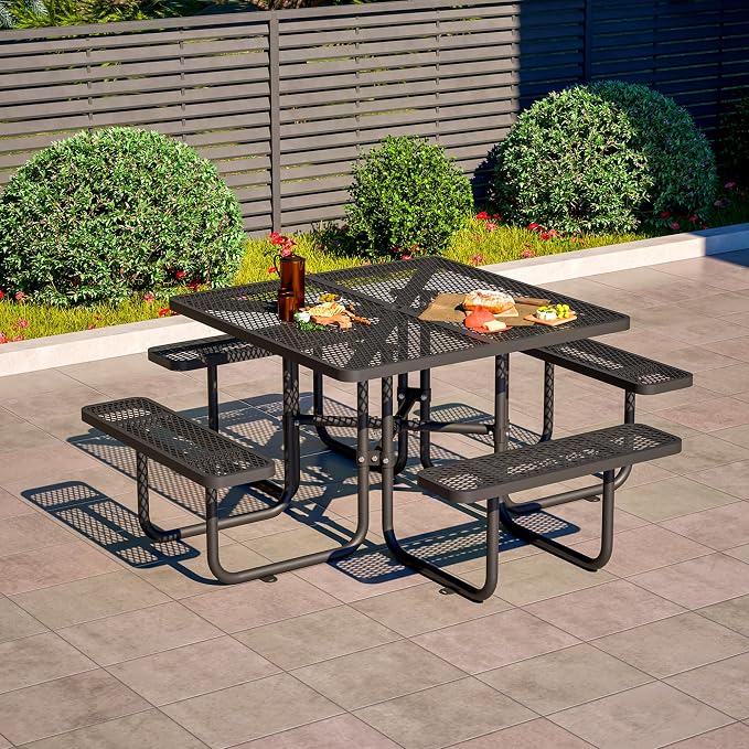 46" Iron Mesh Picnic Table with 1.73" Umbrella Hole Black | Rust & Heat-Resistant Square Outdoor Dining Table for Patio, Park, Backyard – All-Season Use, Safe Rounded Corners