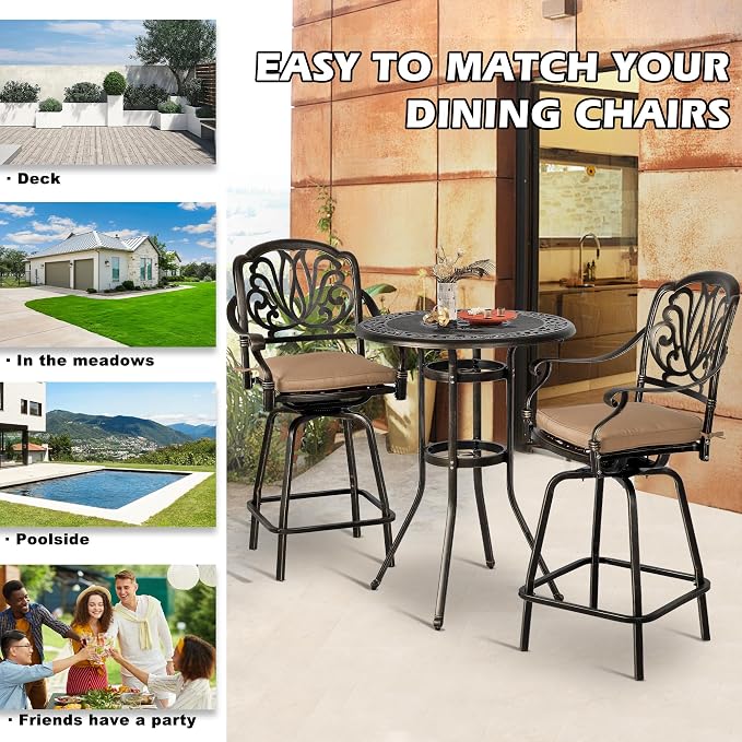 Grepatio 32" Outdoor Bar Table, Patio Cast Aluminum Height Bar Table, 41" Tall Patio Bistro Bar Table with Umbrella Hole, Round Patio High Top Dining Table for Garden Party