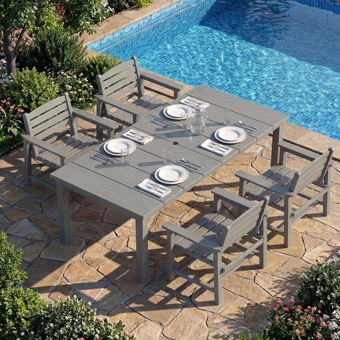 Kingdura 5 Piece Patio Dining Set for 4, 75.2'' HDPE Outdoor Dining Table Set with 2" Umbrella Hole, Weather-Resistant Outdoor Furniture, Table and Chairs Set for Backyard Pool Garden, Grey