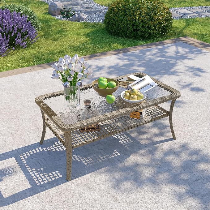 Aoxun Outdoor Coffee Table with Storage Wicker Patio Coffee Table, All-Weather Tempered Glass Top Coffee Table for Patio Furniture Set for Balcony, Garden, Deck, Backyard, Black