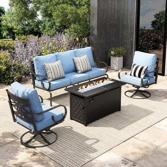 Sophia & William Patio Conversation Set for 5, 3-Seater Sofa, 2 Swivel Chairs and a 45" Fire Pit Table, Metal Outdoor Furniture with 5.75" Extra Thick Cushions, Blue