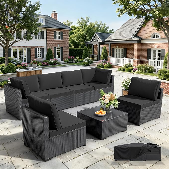 WWR Patio Furniture Set 7 Piece - All-Weather - Wicker Rattan Patio Outdoor Conversation Set, Modular Sectional Sofa for Backyard, Garden, Poolside, Balcony, Porch, Patio, Black/Black