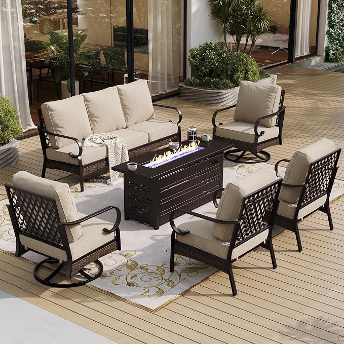 SUNSHINE VALLEY 6 Piece Metal Outdoor Patio Furniture Sets with Firepit Table, Patio Conversation Sets 1 3-Seater Sofa, 2 Leg Chair and 2 Swivel Chair with 5.75" Cushion for Backyard Deck, Beige