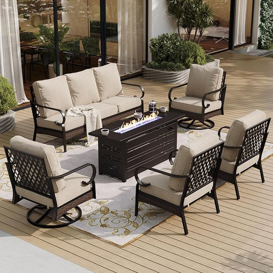 SUNSHINE VALLEY 6 Piece Metal Outdoor Patio Furniture Sets with Firepit Table, Patio Conversation Sets 1 3-Seater Sofa, 2 Leg Chair and 2 Swivel Chair with 5.75" Cushion for Backyard Deck, Beige