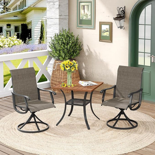 DIFY 3 Pieces Outdoor Patio Dining Set for 2, 27.6" Small Walnut Square Metal Dining Table and 2 Brown Textilene Swivel Dining Chairs, Outdoor Table and Chairs