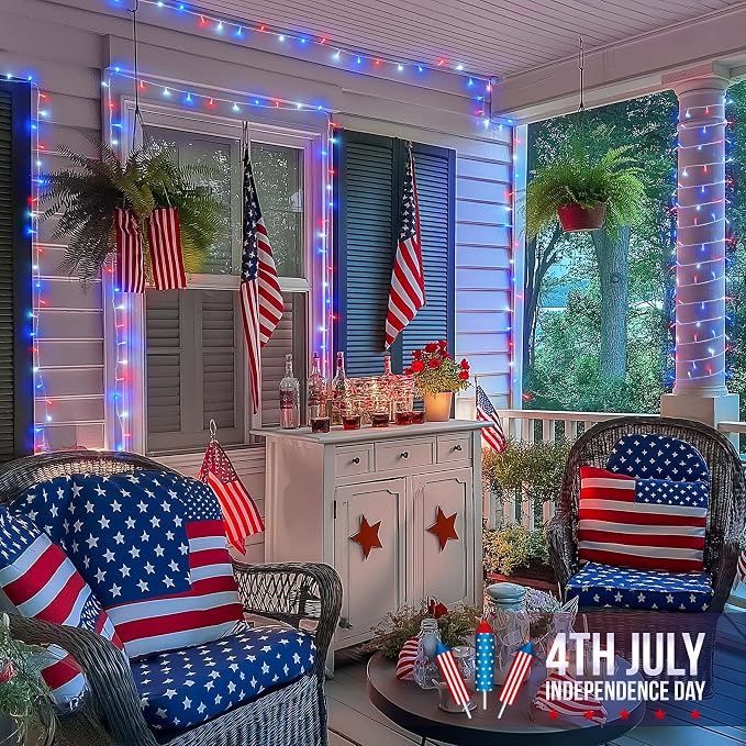 JMEXSUSS 4th of July Decorations, 33ft 100 LED Red White and Blue Lights | String Light Indoor Plug-in, 8 Modes Patriotic 4th of July Lights for Indoor Outdoor Independence Day American Flag Holiday