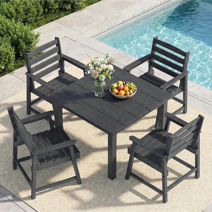 LOUNZY 5 Piece Outdoor Dining Set for 4, Patio Table and Chairs Set, Black | 4 person HDPE outdoor dining table set, 304 stainless steel, weather resistant up to 10 years, low maintenance patio set