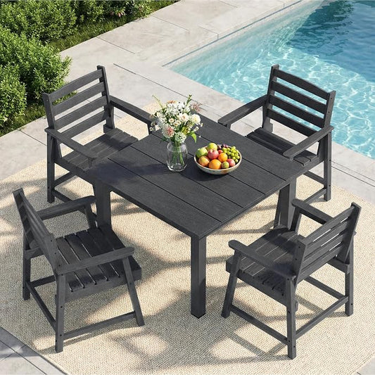 LOUNZY 5 Piece Outdoor Dining Set for 4, Patio Table and Chairs Set, Black | 4 person HDPE outdoor dining table set, 304 stainless steel, weather resistant up to 10 years, low maintenance patio set