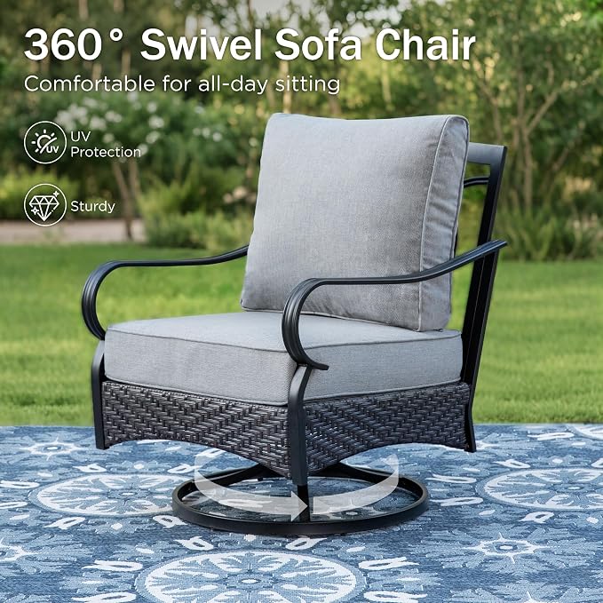 PHI VILLA Swivel Patio Sofa Chairs - 2 PCS Outdoor Swivel Rocker Armchairs, Patio Seating with High Back Deep Seat for Porch Deck Balcony