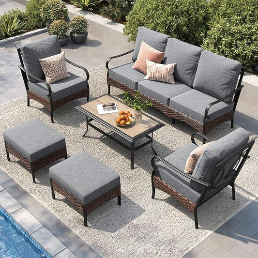 PHI VILLA Patio Furniture Set, Upgraded Wicker & Metal Modern Outdoor Conversation Sets Patio Sectional Fixed Chair Set with Coffee Table & Waterproof Thick Cushions for Porch, Deck(6 Pieces, Grey)