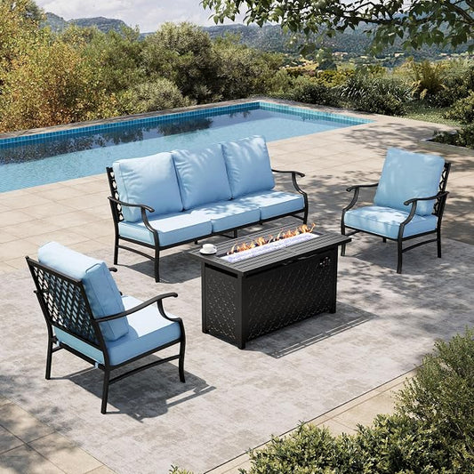 HERA'S HOUSE 4 Pieces Patio Fire Pit Furniture Set, 2 x Single Chair, 3-Seat Sofa with 45" Fire Pit Table, Outdoor Conversation Set for Garden, Poolside, Backyard, Blue