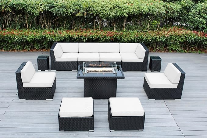Fully Assembled Premium All-Weather Patio 11 Piece Outdoor Black Wicker Conversation Set Sunbrella White with 42-inch Propane Gas Fire Table