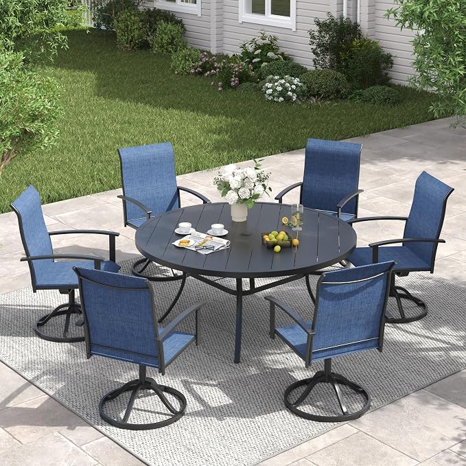 VICLLAX 7 Pieces Patio Dining Set, Outdoor Dining Set for 6-50" Round Outdoor Table and Swivel Patio Chair Set for Deck, Lawn and Garden, Walnut Table and Mixed Brown Chairs