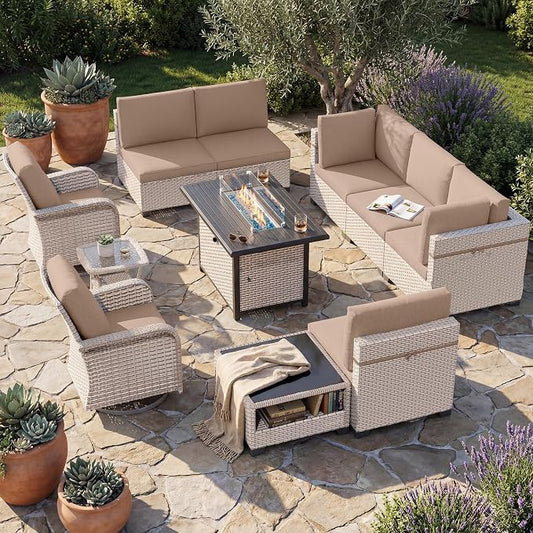 Patio Furniture Set, 11-Piece Outdoor Sectional Sofa with Swivel Rocker Chairs & Fire Pit Table, Wicker Patio Conversation Set with Coffee Table, Khaki Cushions