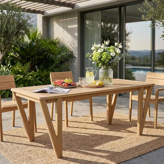 Christopher Knight Home Cara 70.75" L Acacia Wood Outdoor Dining Table, Sturdy Rectangular Patio Table for 6-8 People, Farmhouse Patio Dining Table with Slatted Design and V-Shaped Legs, Light Teak