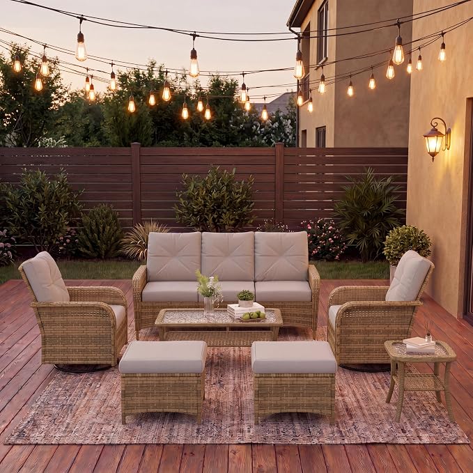 LazySunsets 9-Piece Outdoor Patio Furniture Set with Coffee Table, Wicker Rattan Outdoor Furniture with High Back Swivel Rocker Chairs, Outdoor Conversation Sets with Thick Cushions & Ottoman, Grey