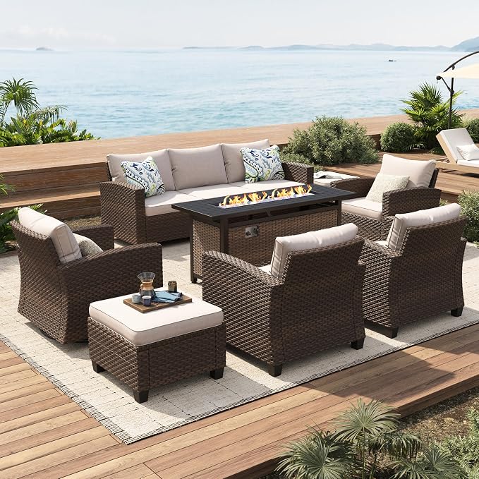 SUNSHINE VALLEY Swivel Glider Patio Furniture Set Outdoor Furniture Brown Wicker Rattan Patio Conversation Sets with Cushion Outside Sofa Set,7 Pieces with Rectangular Firepit Table,9 Seats,Beige