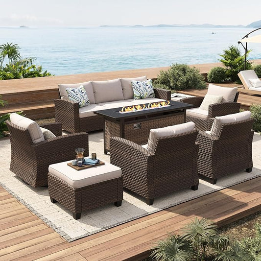 SUNSHINE VALLEY Swivel Glider Patio Furniture Set Outdoor Furniture Brown Wicker Rattan Patio Conversation Sets with Cushion Outside Sofa Set,7 Pieces with Rectangular Firepit Table,9 Seats,Beige