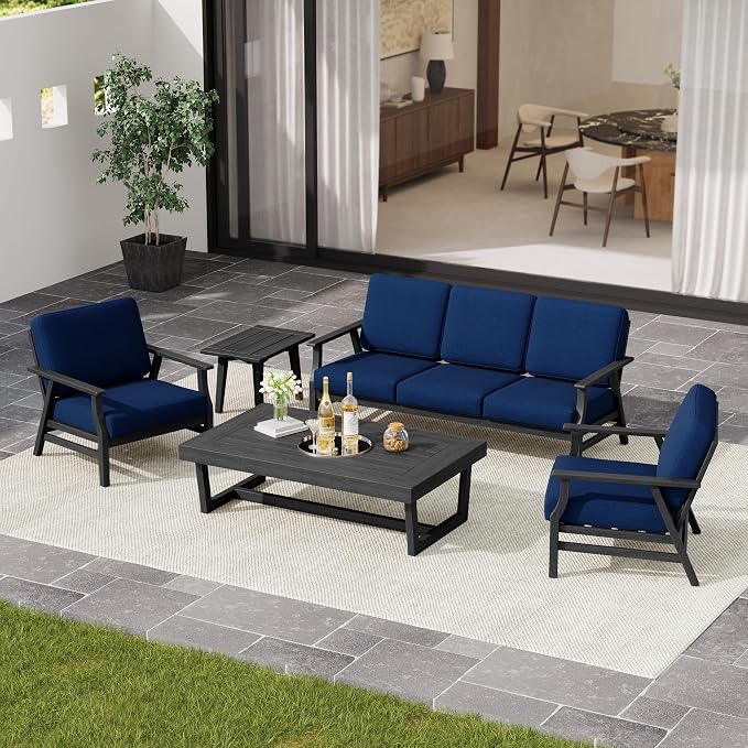 4 Pieces Patio Furniture Sets, Black Wood Outdoor Sectional Furniture with Coffee Table, 5 Seats Patio Sofa Couch Conversation Set for Backyard Deck - Navy