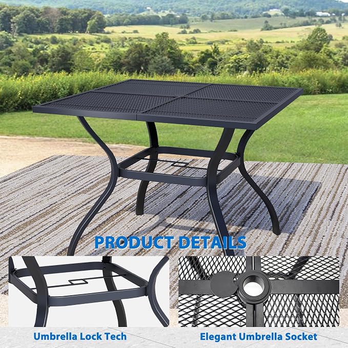 5-Piece Outdoor Dining Set, Square Metal Table with Beige Chairs, Black Patio Table with Umbrella Hole for Garden, Yard, Patio