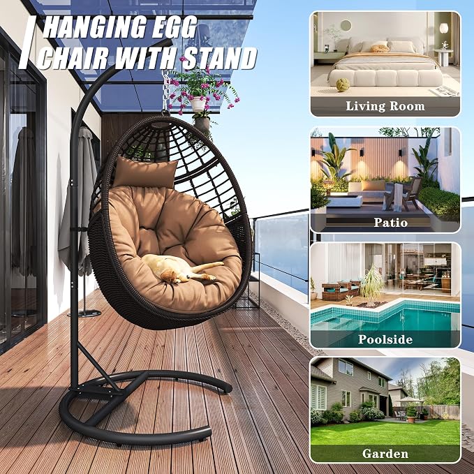 Hanging Egg Chair Hammock with Stand Wicker Rattan for Indoor Outdoor Patio Bedroom Swing with Steel Frame and Soft Cushion