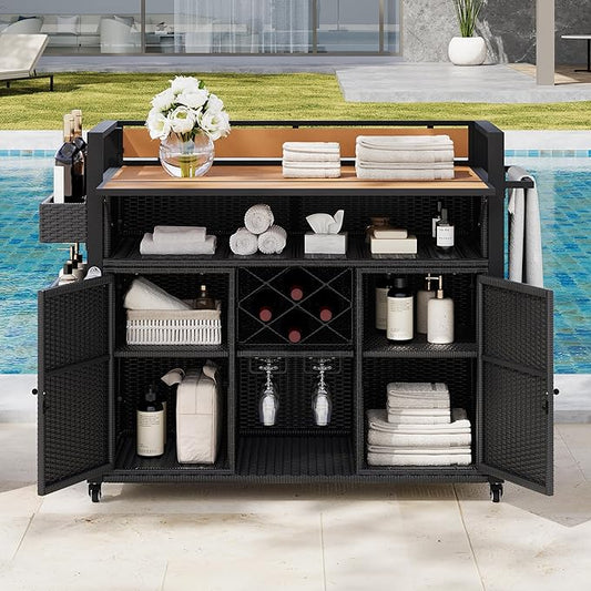 52.8" W Wicker Outdoor Grill Cart with Extended Plastic Wood Table Top, Rolling Kitchen Island on Wheels, Ample Storage, and Double Handle Design – Perfect for Patio, Backyard, and Poolside