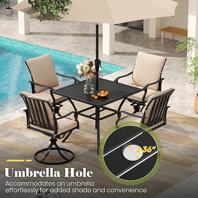 36" Patio Table for 4, Metal Outdoor Dining Table with Coating, Square Steel Slated Outdoor Table with 2" Umbrella Hole for Garden Backyard, Black