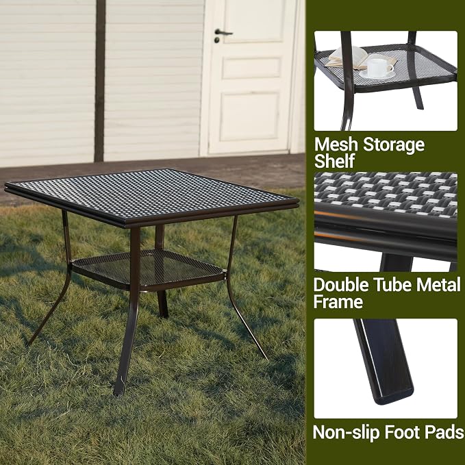 35.2" Square Outdoor Bistro Table, All-Weather PE Rattan Patio Side Table w/Sturdy Metal Frame & Adjustable Foot Pads, Wicker Dining Table for Poolside Backyard Garden Balcony, Black/White