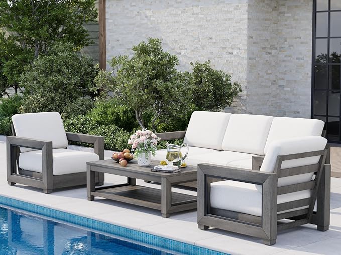 HAPPATIO Oversized Aluminum Patio Sofa 3 Seat, Outdoor Sectional Furniture with Thicken Cushions, Deep Seating and Widen Armrest, All-Weather Outdoor 3-seat Sofa for Backyard Poolside, Grey