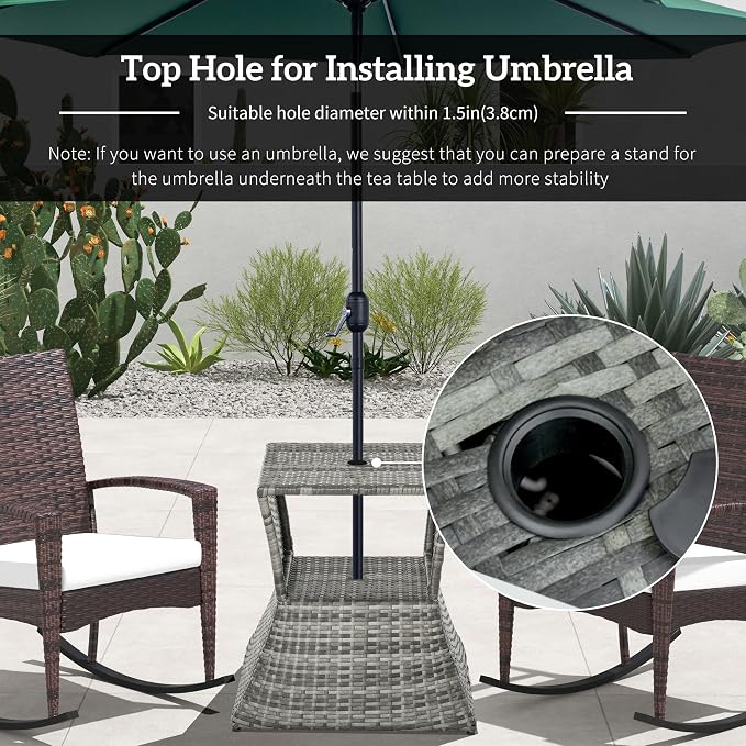 Outdoor Side Table with 1.5" Umbrella Hole, 16.9" Square, 2 Tier Rattan Wicker End Table with Storage Shelf, Lightweight PE Rattan Patio Table for Garden Poolside