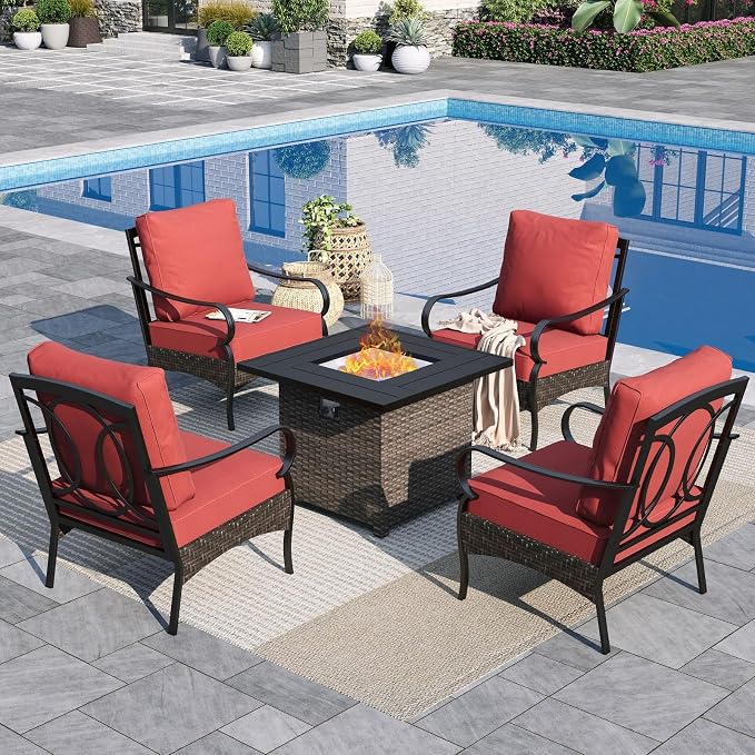 Sophia & William Patio Furniture Set with Fire Pit Table, 5 PCS Metal Outdoor Conversation Set Sofa Couch with Fire Pit Table, 4 Sofa Chairs for Outdoor Seating,Backyard,Porch(Red)