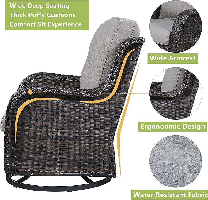 Rilyson Luxury 4 Pieces Patio Wicker Furniture Set, Outdoor Rattan Bistro Set with Rocking Swivel Chair, Ottoman and Thickened Cushions (Brown/Grey)