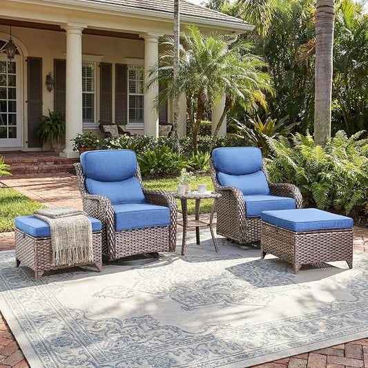 Rilyson Outdoor Wicker Patio Furniture Set - 5 Piece Patio Conversation Sets with Swivel Rocker Chairs, Ottomans and Side Table, 6 inch Cushions, Waterproof Wicker, for Porch Deck Brown/Blue