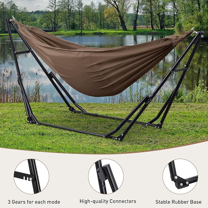 Ainfox Hammock with Foldable Stand, 2 in 1 Hammock and Swinging Chair with Carrying Bag, Portable Camping Chair Suitable for Outside, Swing,Patio,Garden,Camping Trip Coffee