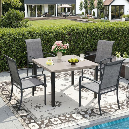 DIFY 5 Pieces Outdoor Dining Set, Metal Patio Table and Chairs Set for 4 with Umbrella Hole, 40.2" Square Dining Table and Textilene Stackable Patio Chairs for Garden Backyard Poolside, Grey Wood-Like