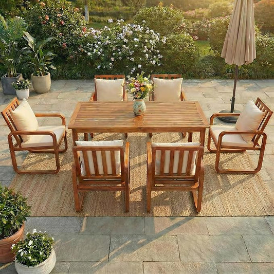 Merax 7-Piece Patio Dining Set, Outdoor Acacia Wood Dining Table and Chairs Set with Cushions for Backyard, Garden, Poolside, Brown