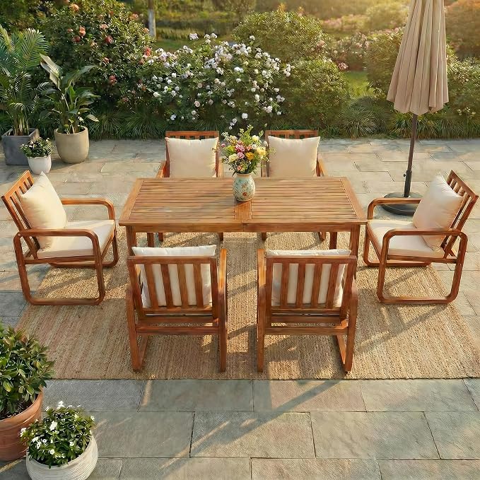 VilroCaz 7 Pieces Outdoor Patio Dining Set, 67'' Rectangle Acacia Wood Table and 6 Armchair, All-Weather Dining Set with Removable Cushions for Garden Backyard Lawn (Brown-2.13)