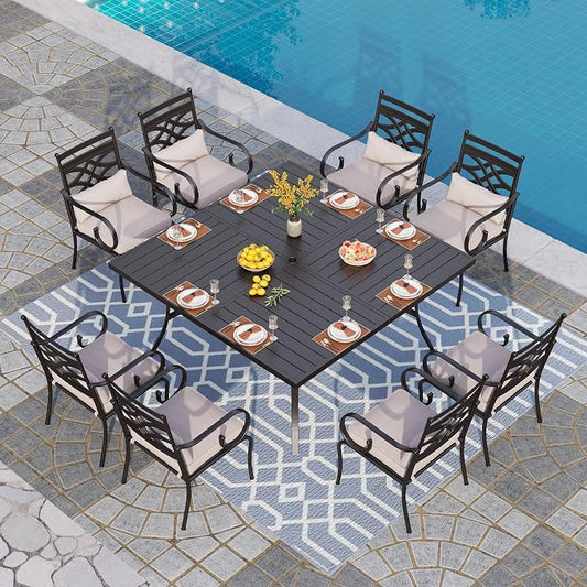 PHI VILLA 9 Piece, Outdoor Dining Set, 57.5" Square Table, Umbrella Hole | Wrought Iron, Iron Chairs, Cushions, Black, Weather-Resistant