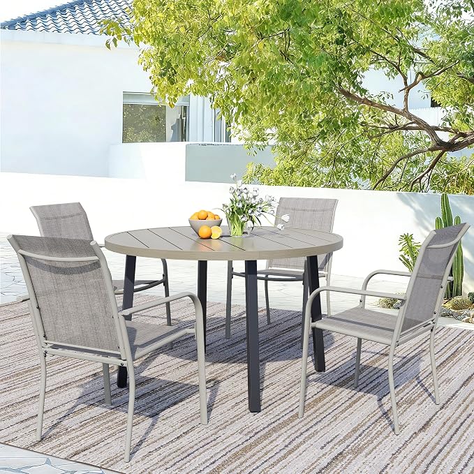 5 Piece Patio Dining Set for 4, 42” Honey Oak Round Table with Umbrella Hole and 4 Grey Patio Stackable Chairs, Patio Table and Chairs for Backyard, Lawn, Deck & Garden