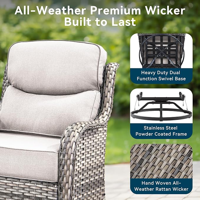 Luxury High Back Outdoor Swivel Rocker Patio Chairs with Side Table & 6-Inch Thick Cushions, 3 Pieces Patio Furniture Set for Porch, Balcony, Deck and Yard