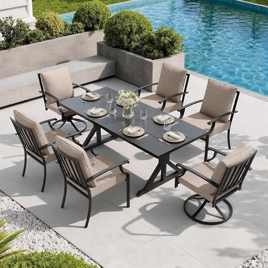 7 Pieces Patio Dining Set Outdoor Conversation Set,Metal Outdoor Furniture Set with Umbrella Hole Cut-Out 78.7" x 35.4" Table and 8 Metal Chairs for Backyard,Garden,Sand