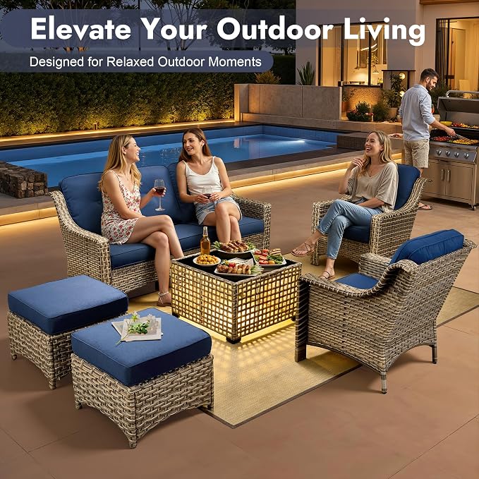 6 PCS Patio Furniture Set, Deep Seat High Back Outdoor Conversation Set with Ottomans, Wicker Outside Furniture with Solar Light Coffee Table for Porch Backyard Balcony, Sunroom, Navy Blue