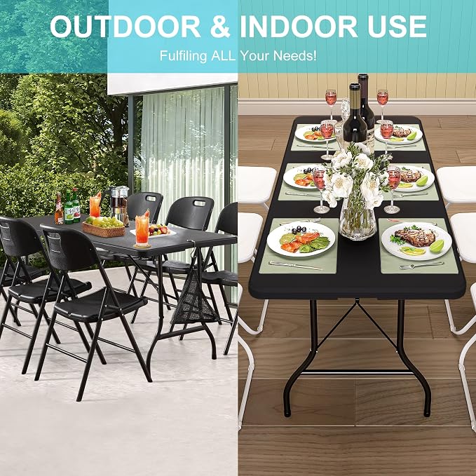 VECELO 6Ft Folding Picnic Table, Indoor Outdoor Plastic Portable Foldable Desk with Handle, Mesh Trash Bag&Lock Legs Heavy Duty for Camping, Dining, Party, Black