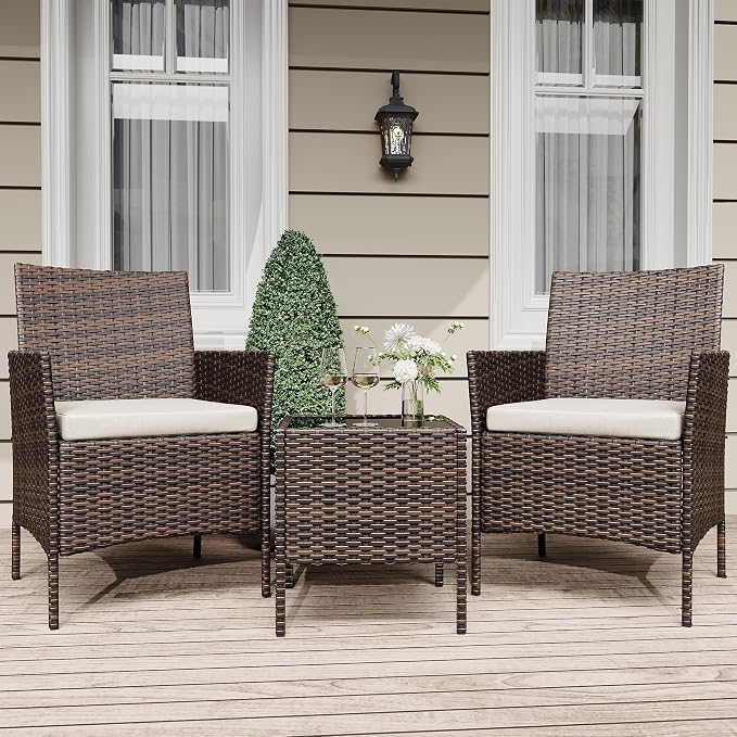 3-Piece Patio Furniture Set,Outdoor Patio Conversation Set with 2 PE Rattan Armchairs, Weather-Resistant Cushions & Tempered Glass Table,All-Weather Bistro Set for Garden, Backyard（Brown/Beige）