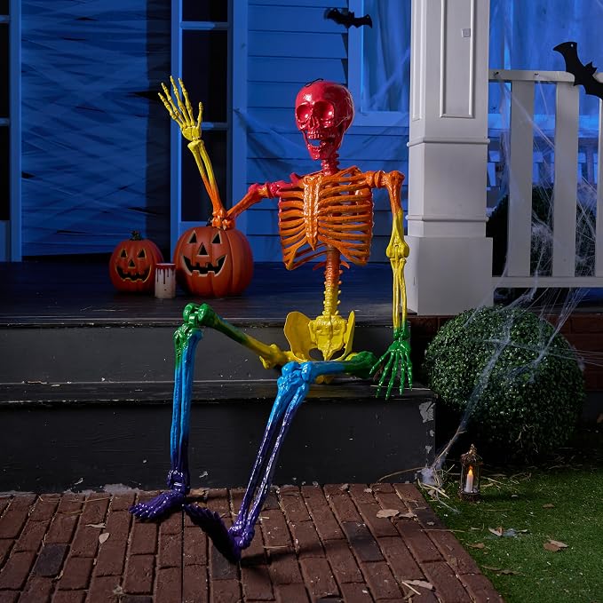 JOYIN 5.6 FT Halloween Posable Life Size Skeleton, Full Body Realistic Bones with Movable Joints, Rainbow Color Giant Skeletons for Halloween Decoration Outdoor, Haunted House Prop, Spooky Scene Party