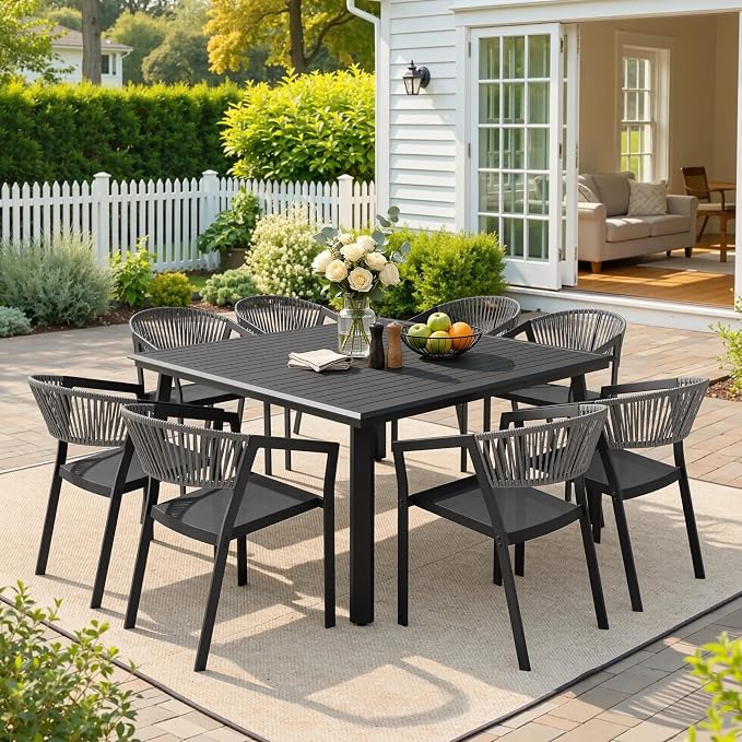 9-Piece Aluminum Square Patio Dining Set with Stackable Wicker Chairs | 57" Outdoor Dining Table and with 8 Grey Barrel Chairs Weather Resistant Furniture for Backyard, Deck, Poolside