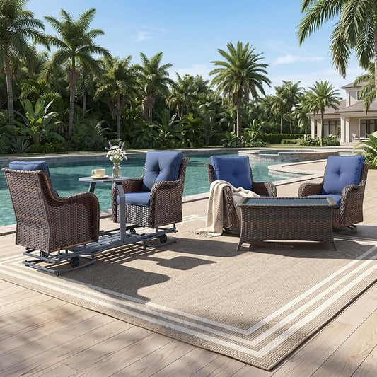 Rilyson Luxury Wicker Outdoor Conversation Set with Glider Rocker Chairs, 4 Pieces Patio Furniture Set with Rattan Swivel Rocker Chairs and Coffee Table All Weather Brown/Blue