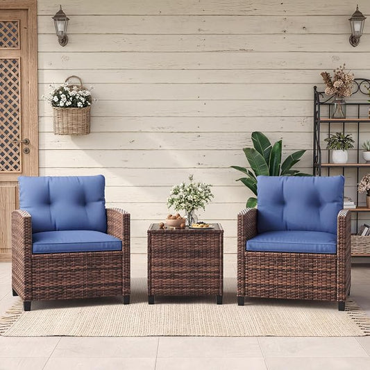 GarveeHome 3-Piece Outdoor Wicker Sofa Set, PE Rattan Patio Furniture with Removable Washable Blue Cushions & Tempered Glass Table, Conversation Seating for Garden, Poolside, Balcony, Brown Wicker