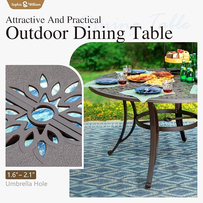 Sophia and William Patio Dining Set, for 6, Swivel Chairs | Cast Aluminum, Round Table, 2.2" Umbrella Hole